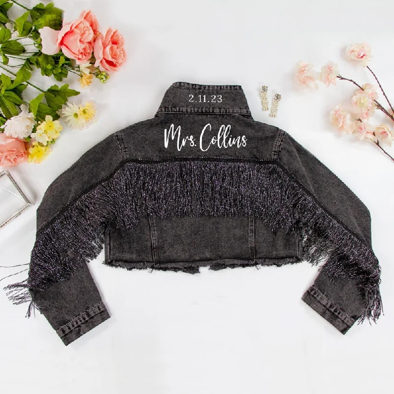 Long - Sleeve Denim Top for Cold Weather Layering(Black Fringe) Custom Denim Jacket for Brides