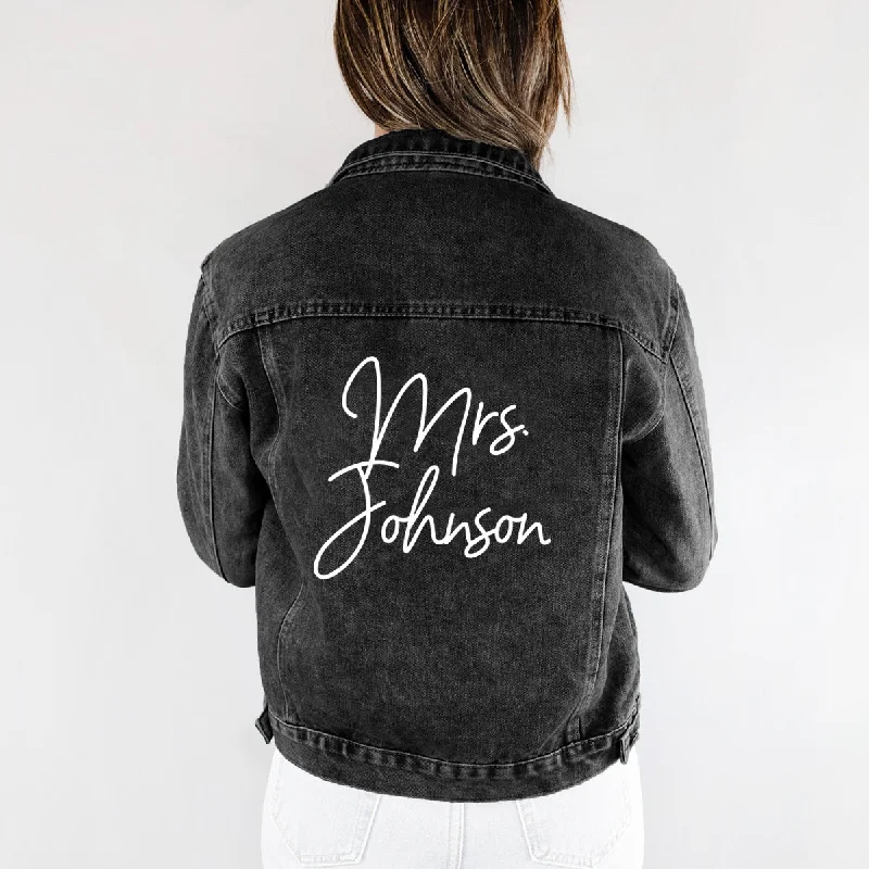 Denim Top with a Peplum Hem for a Flirty and Feminine Look(Black Denim) Black Personalized Bride Denim Jacket