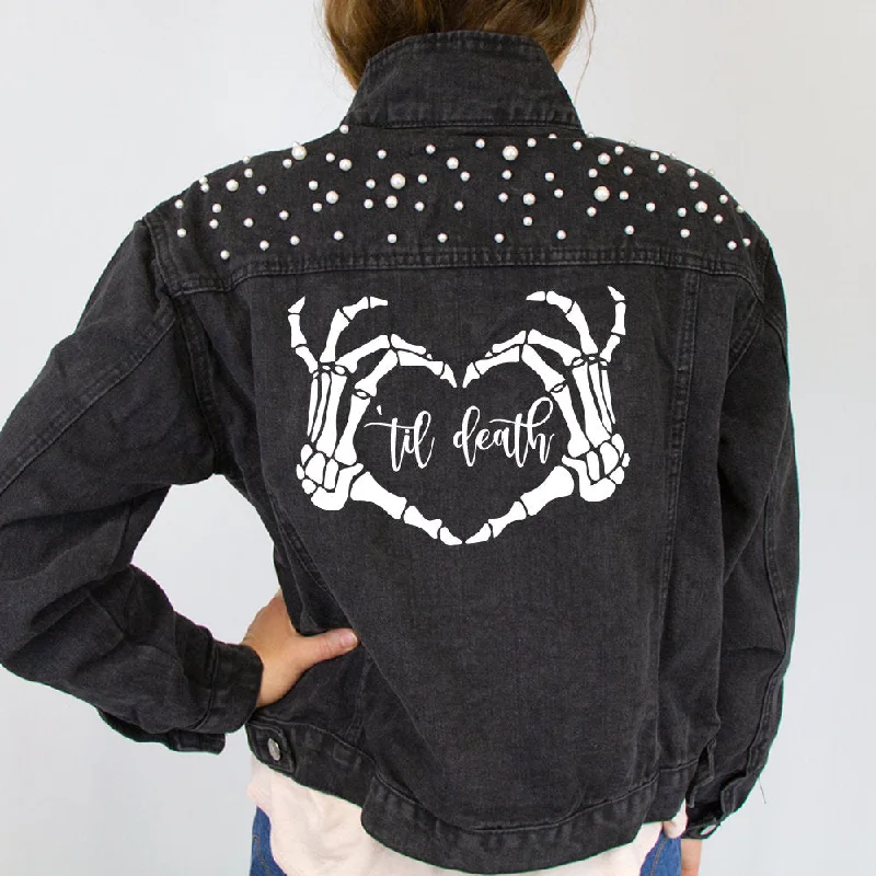 Fringed Denim Top with a Bohemian Flair(Black Pearl) Skeletal Ring Finger Jean Jacket