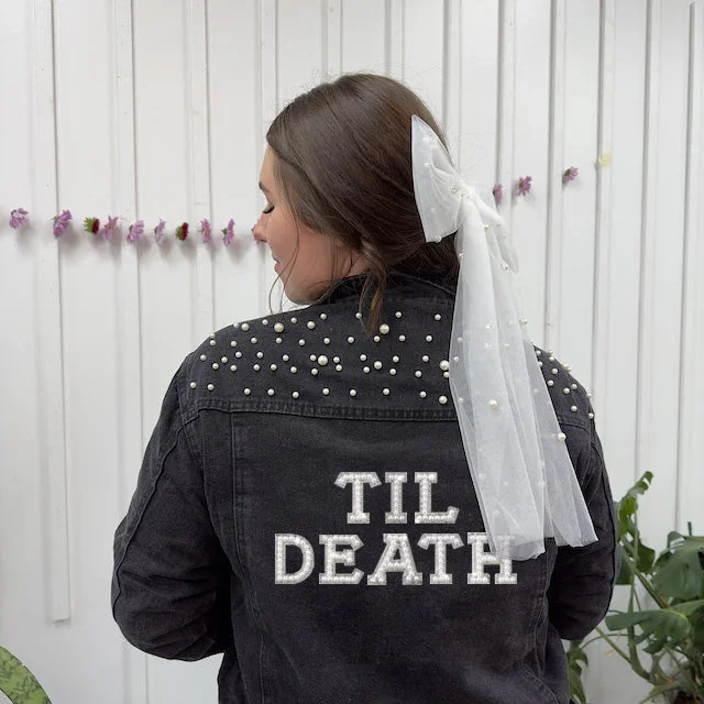 Denim Top for a Music Festival with a Rock - n - Roll Vibe(Black Pearl) Till Death Patch  Pearl Denim Jacket