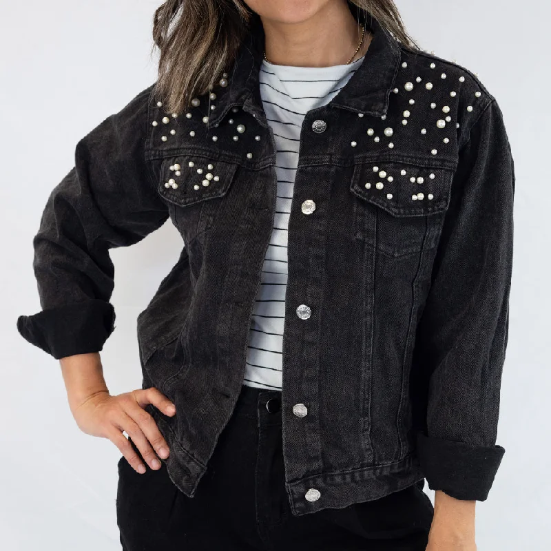 Denim Top with a Belted Waist for a Defined Silhouette(Black Pearl) Blank  Pearl Denim Jacket