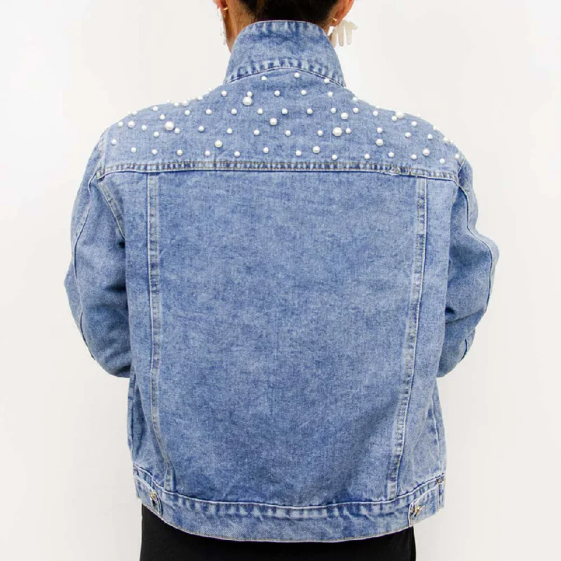 Denim Top with a Collared Neckline for a Preppy Style(Blue Pearl) Blank Denim Pearl Jacket