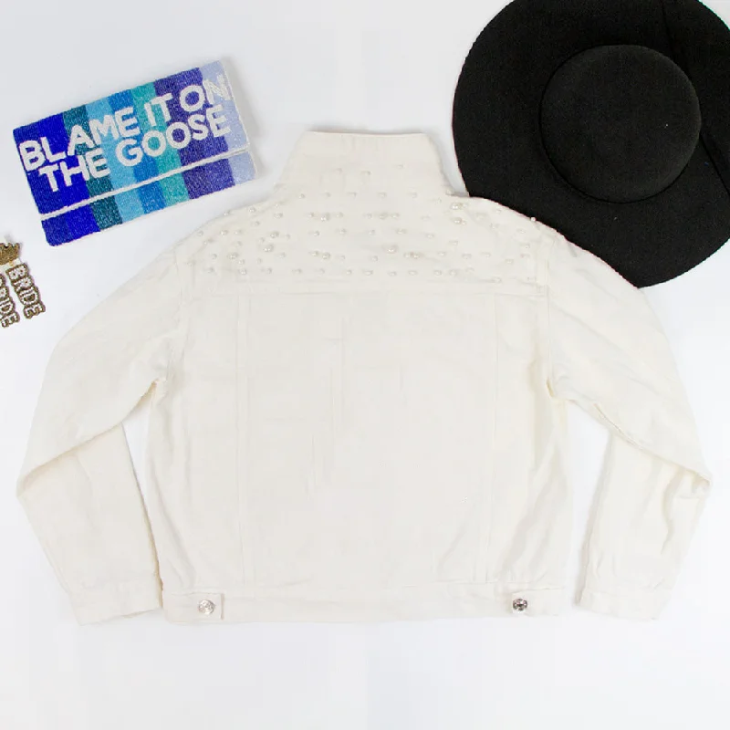 Cropped Denim Top to Pair with High - Waisted Bottoms(White Pearl) Blank  Pearl Denim Jacket