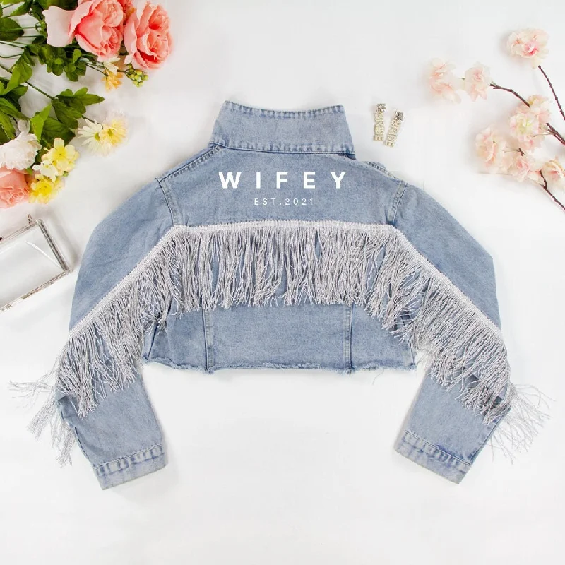 Denim Top for a Beachside Picnic with a Laid - Back Style(Blue Fringe) Bachelorette Party Denim Jacket