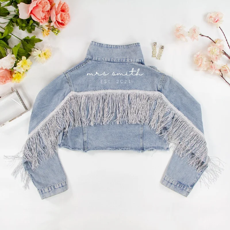 Distressed Denim Top for a Trendy and Edgy Look(Blue Fringe) Bridal Denim Jacket Gifts