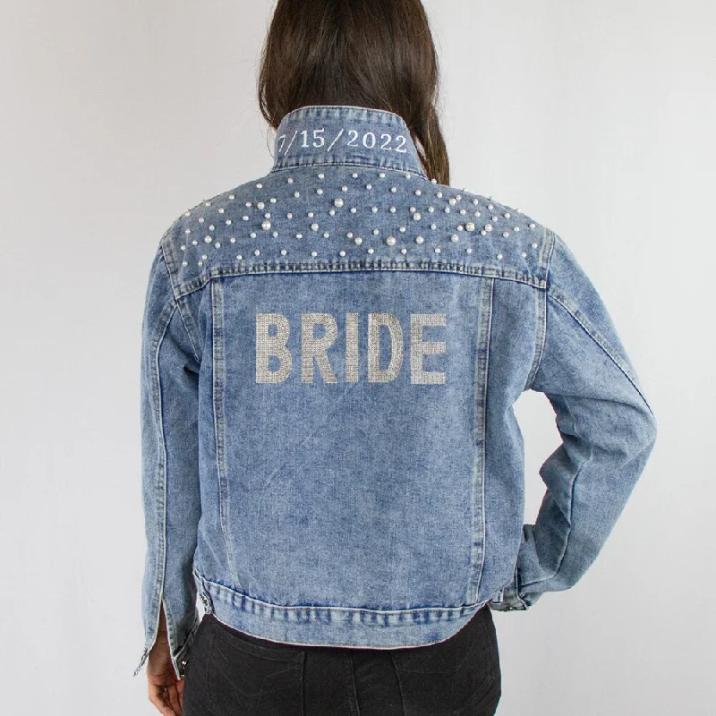 Long - Sleeve Denim Top for Cold Weather Layering(Blue Pearl) Rhinestone Bride Patch Denim Jacket