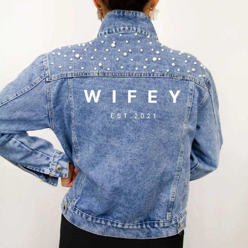 Denim Top for a Music Festival with a Rock - n - Roll Vibe(Blue Pearl) Wifey Denim Jacket for Brides