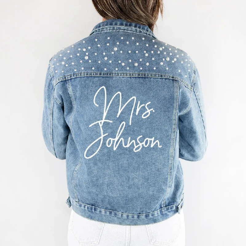 Denim Top with a Peplum Hem for a Flirty and Feminine Look(Blue Pearl) Custom Bride Denim Jacket