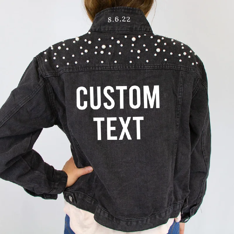 Studded Denim Top for a Glamorous and Bold Style(Black Pearl) Custom Text  Pearl Denim Jacket