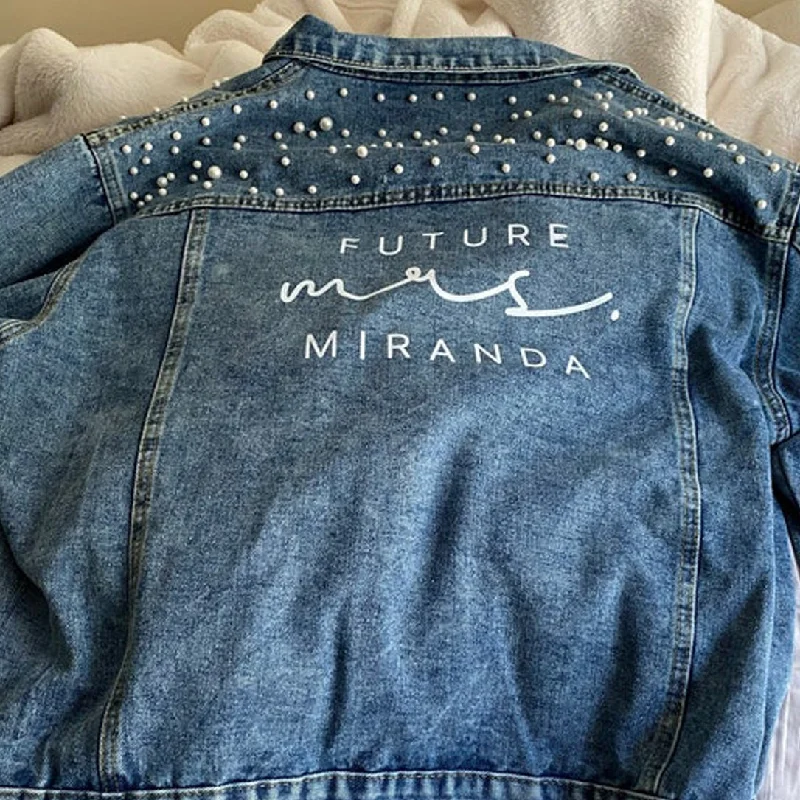 Denim Top with a Collared Neckline for a Preppy Style(Blue Pearl) Future Mrs (Last Name) Custom Pearl Denim Jean Jacket