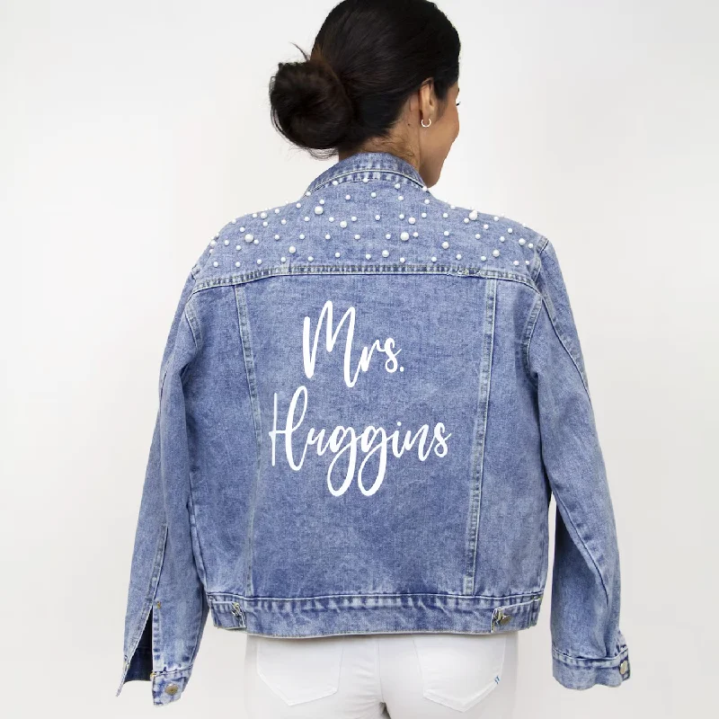 Denim Top for a Beachside Picnic with a Laid - Back Style(Blue Pearl) Personalized Bridal Denim Jacket