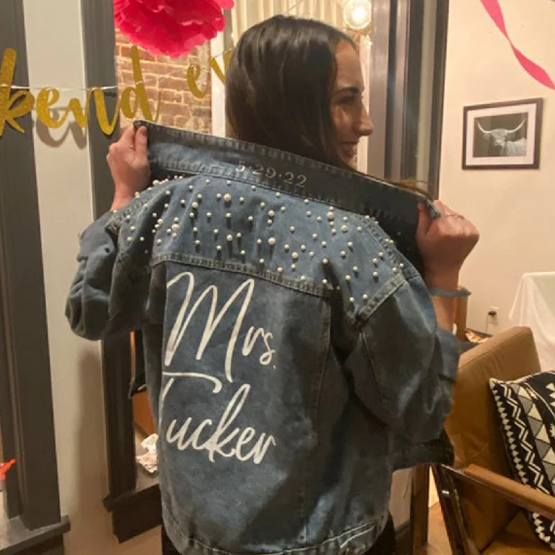 Fringed Denim Top with a Bohemian Flair(Blue Pearl) Personalized Bridal Shower Denim Jacket