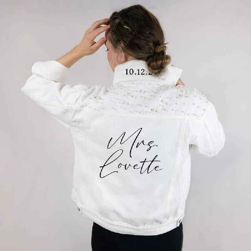 Denim Top for a Music Festival with a Rock - n - Roll Vibe(White Pearl) Personalized Future Mrs Bridal Pearl Denim Jacket in