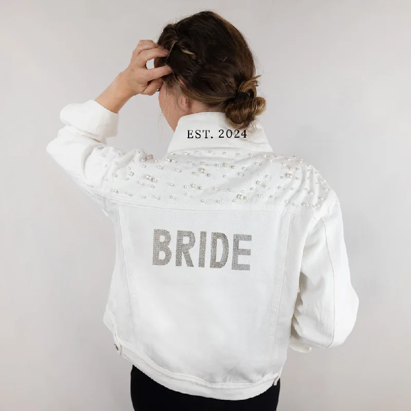 Denim Top with a Belted Waist for a Defined Silhouette(White Pearl) Bride Rhinestone Patch Denim Jacket