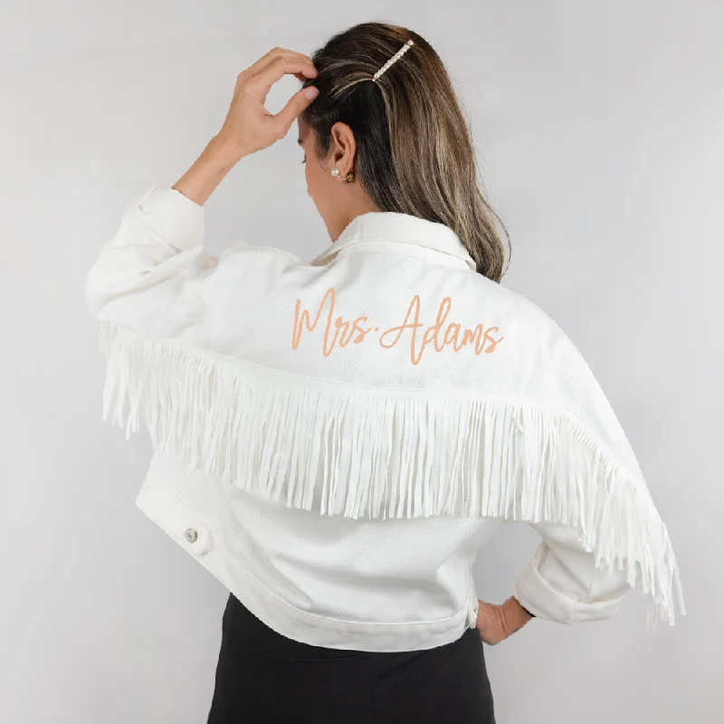 Button - Down Denim Top with a Classic Design(White Fringe) Bridal Shower Fringe Jacket