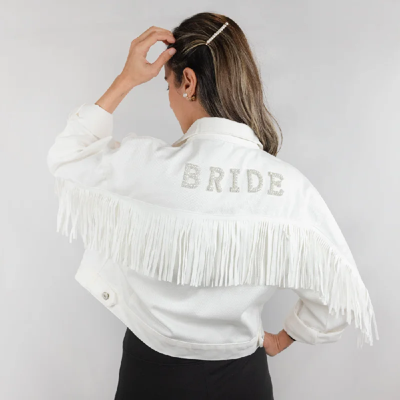 Oversized Denim Top for a Relaxed and Casual Vibe(White Fringe) Bride Patch White Fringe Denim Jacket