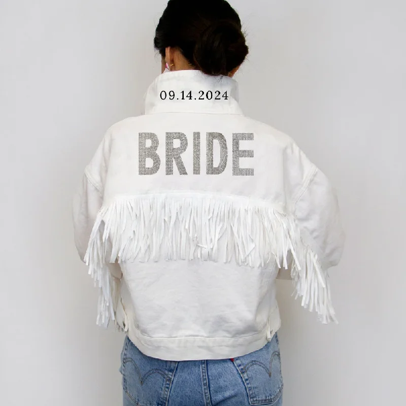 Denim Top with a Metallic Accent for a Shiny Look(White Fringe) Bride Rhinestone Patch Jean Jacket