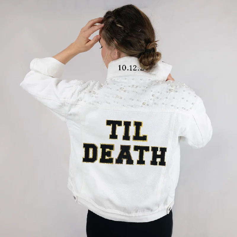 Button - Down Denim Top with a Classic Design(White Pearl) Till Death Patch Denim Jacket