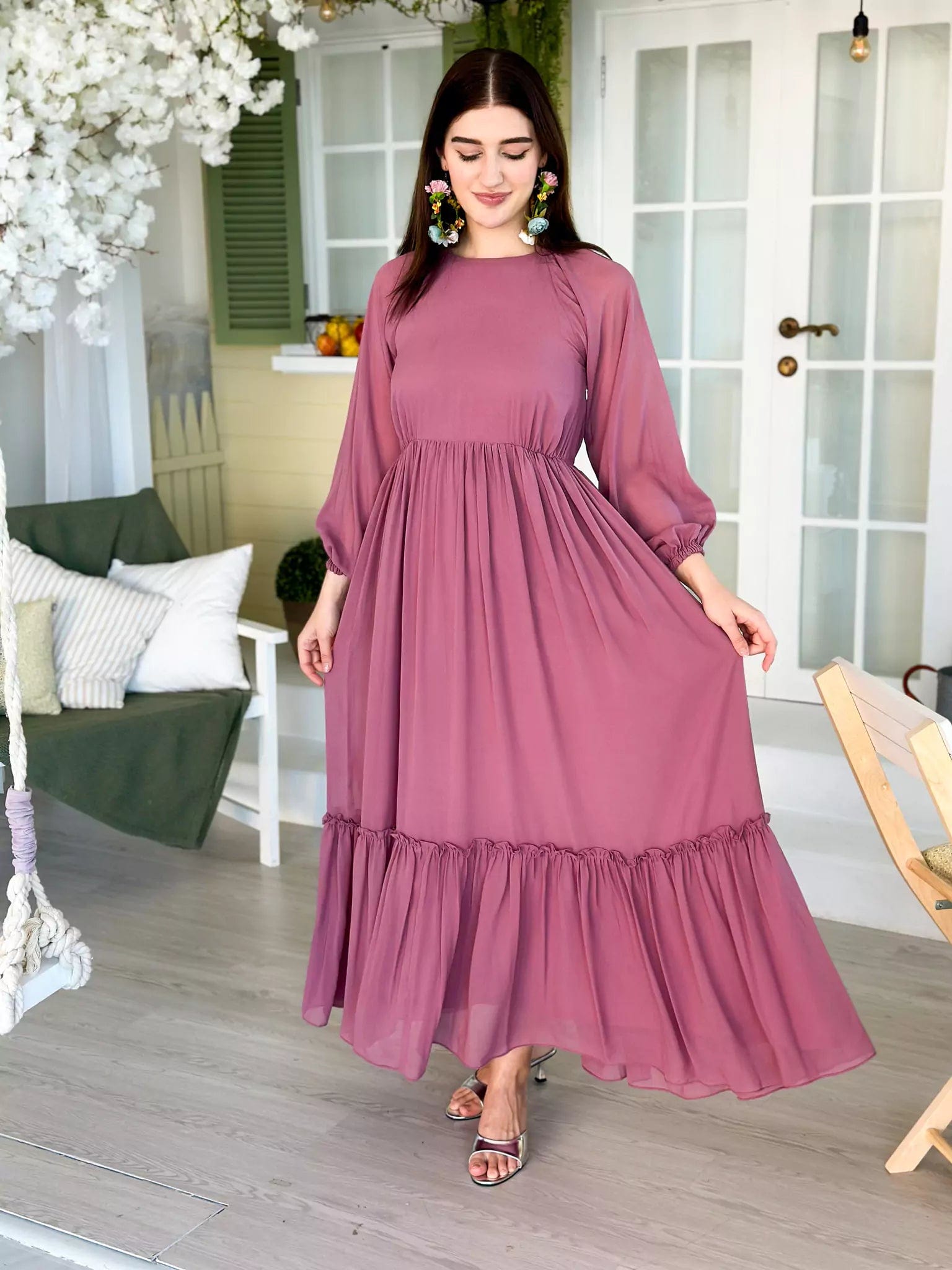 Wrap - Style Women Dress with Adjustable Fit for All Body TypesAllium Solid Long Dress - Mauve