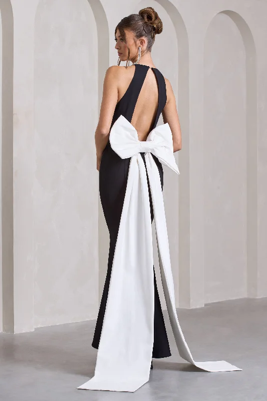 Mermaid - Style Women Dress with a Fitted Silhouette for Special OccasionsBestow | Black Open-Back Maxi Dress With Oversized White Bow