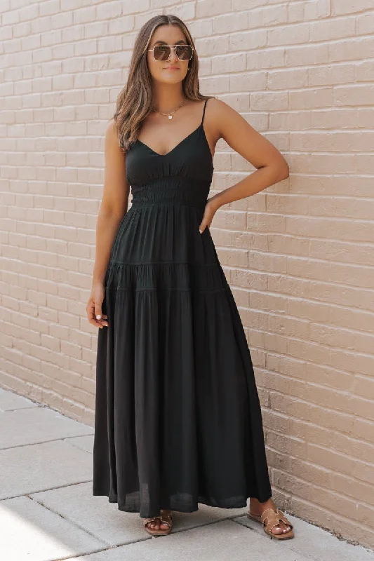 Wrap - Style Women Dress with Adjustable Fit for All Body TypesBlack Shirred Waist Tiered Maxi Dress - FINAL SALE