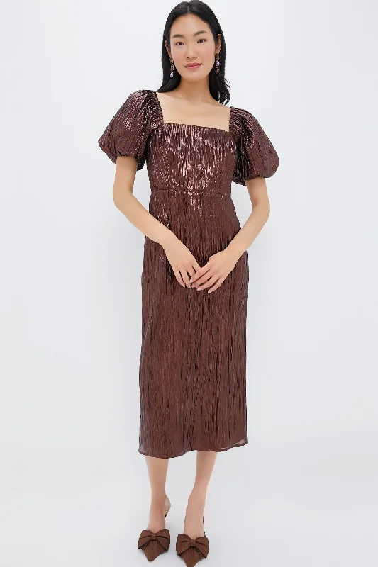 Ruffled Women Dress with Multiple Layers for a Playful and Girly StyleBronze Metallic Plisse Gladys Puff Sleeve Midi Dress