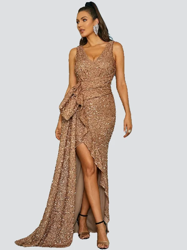 Pleated Women Dress with a Timeless and Elegant TextureDraped Asymmetric Gold Sequin Prom Dress XJ1643