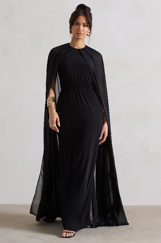 Off - the - Shoulder Women Dress for a Romantic and Feminine LookEnvy | Black Gathered Maxi Dress With Chiffon Cape