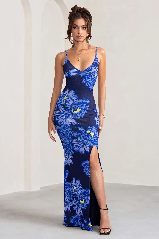 Shift Women Dress with a Simple and Classic Design for Everyday WearFarah | Blue Floral Print Plunge Neck Maxi Dress With Split Detail