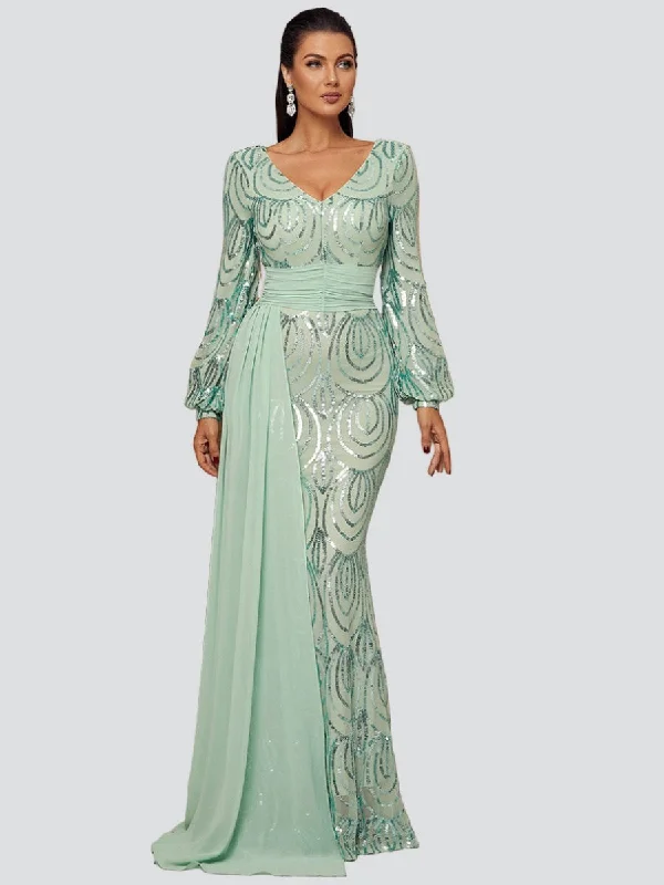 Backless Women Dress for a Sexy and Alluring Look at Evening EventsFormal Draping Sequin Long Sleeve Dress XJ1524