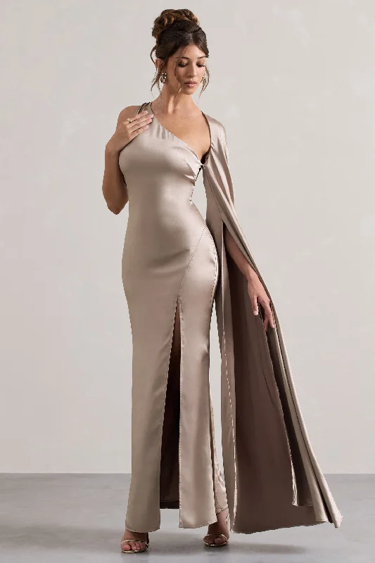 Backless Women Dress for a Sexy and Alluring Look at Evening EventsGala | Taupe Satin One-Shoulder Cape Sleeve Split Maxi Dress