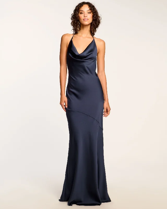 Backless Women Dress for a Sexy and Alluring Look at Evening EventsHaleigh Cowl Neck Halter Gown