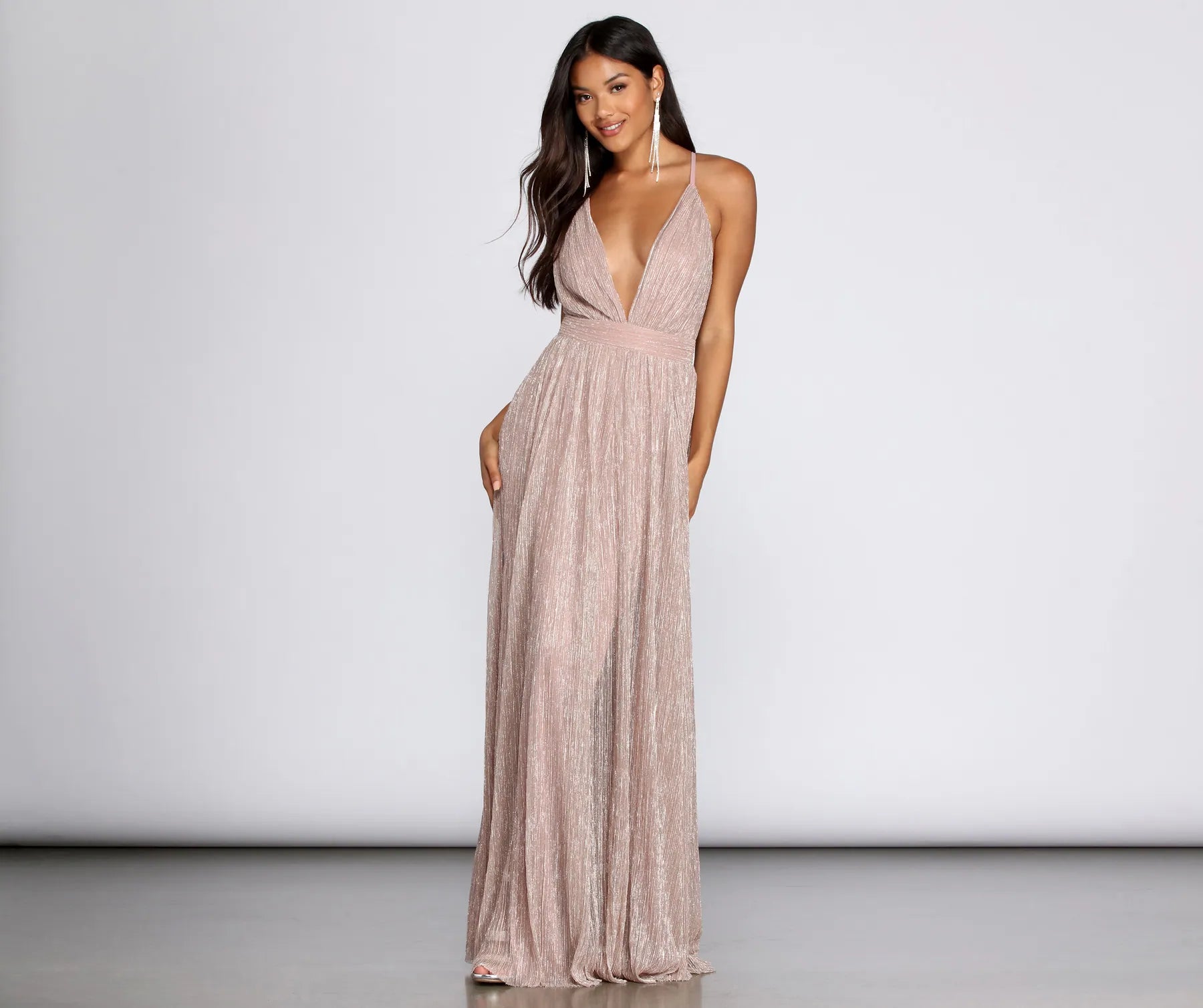 Strapless Women Dress with a Built - in Bra for Comfort and SupportHaley Formal Shimmering Metallic Dress