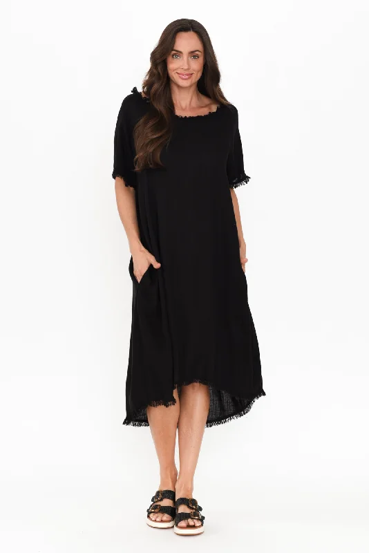 Mini Women Dress with a Short Hem for a Young and Trendy StyleHumphrey Black Cotton Linen Frayed Dress