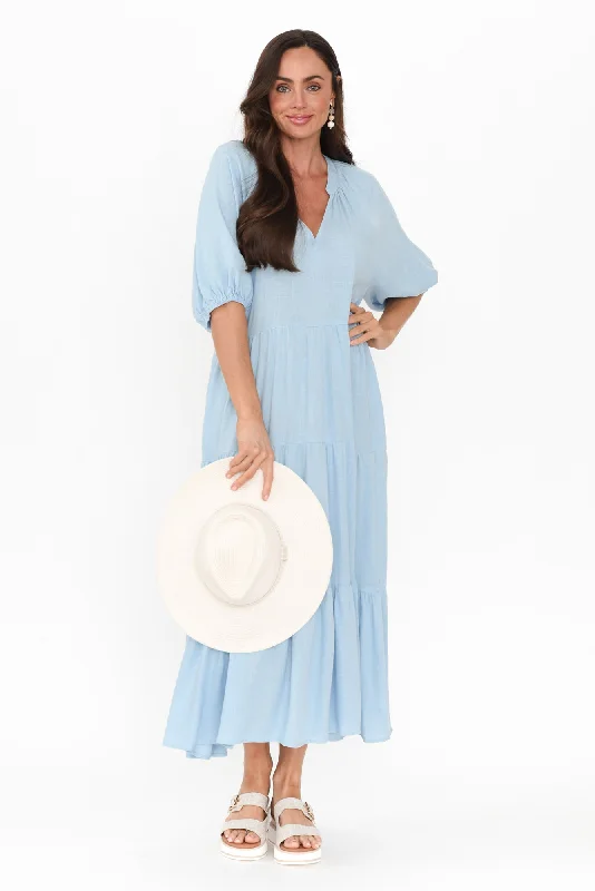 Wrap - Style Women Dress with Adjustable Fit for All Body TypesImogene Light Blue Cotton Linen Tiered Dress