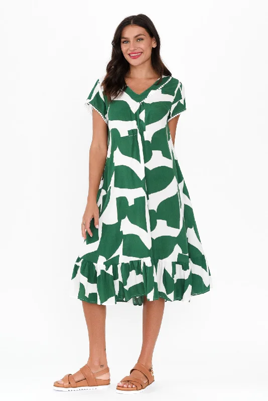 Ball Gown Women Dress with a Full Skirt for a Princess - like LookKarlie Green Abstract V Neck Dress