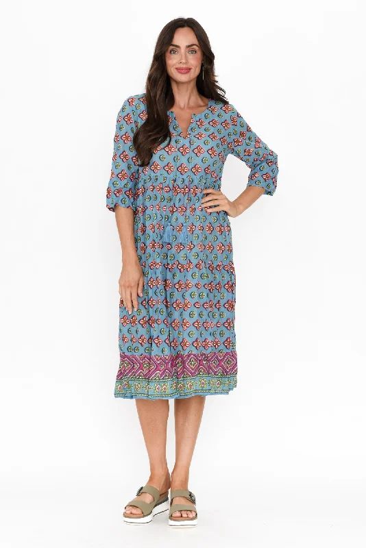 Maxi Women Dress with Floral Print for a Bohemian VibeMilana Sky Blue Mosaic Crinkle Cotton Dress