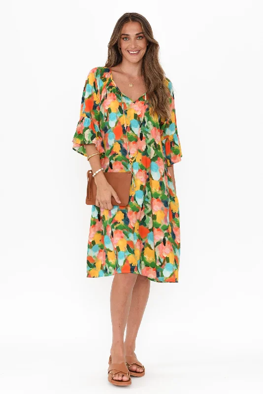 Printed Abstract Women Dress for a Modern and Artistic AppealLohan Yellow Floral Pocket Dress