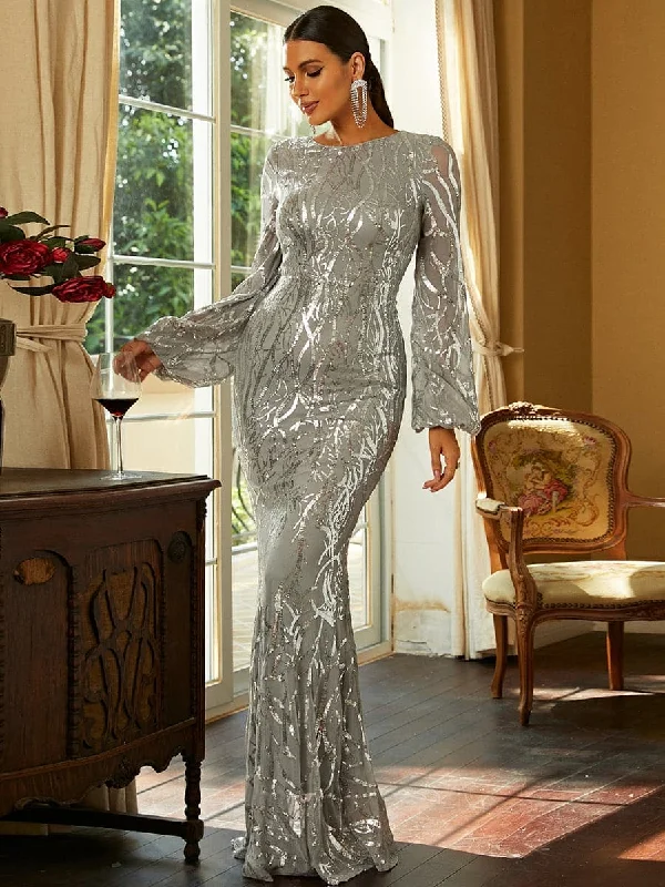 Off - the - Shoulder Women Dress for a Romantic and Feminine LookLong Sleeve Maxi Mermaid Sequin Dress XJ1500