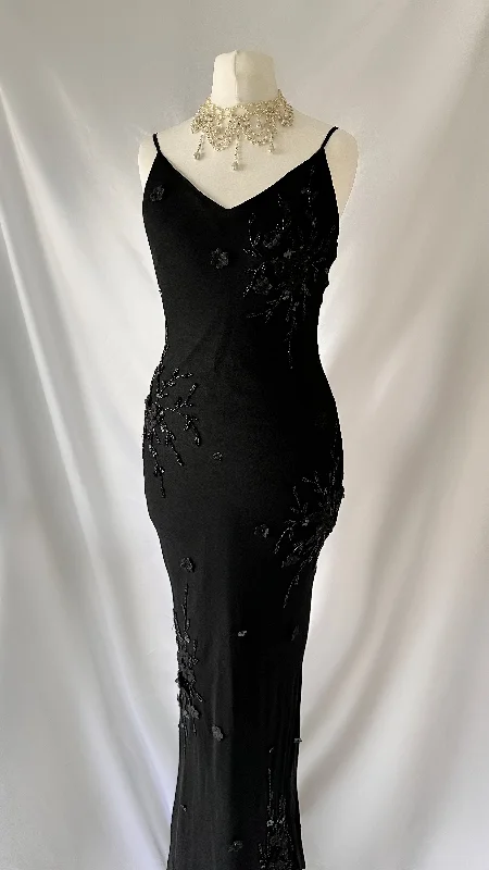 Little Black Women Dress with Sequins for a Glamorous Night OutNOIR ELEGANCE FLORAL EMBELLISHED SILK GOWN