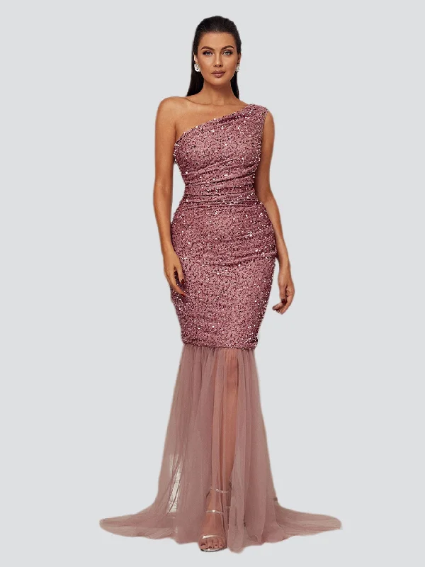 Long - Sleeve Women Dress in Velvet for a Luxurious Winter LookOne Shoulder Mermaid Pink Sequin Prom Dress WY37