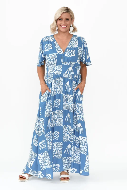 Maxi Women Dress with Floral Print for a Bohemian VibeOra Blue Floral Flutter Sleeve Dress