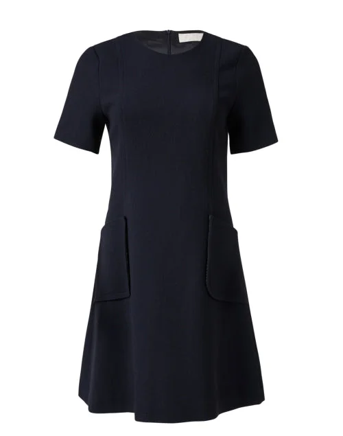 Pleated Women Dress with a Timeless and Elegant TexturePia Navy Wool Crepe Shift Dress