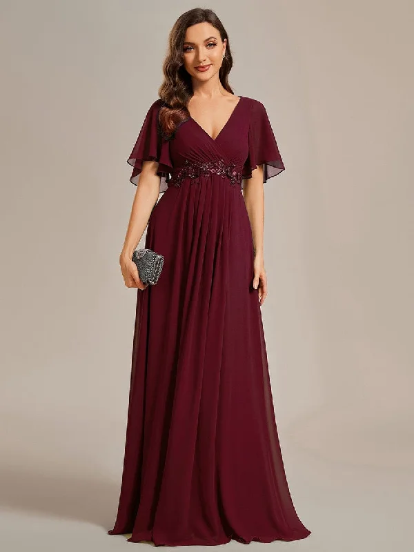 Wrap - Style Women Dress with Adjustable Fit for All Body TypesGentle Iris | Ruffles Sleeve A-Line Chiffon Waist Applique Maxi Formal Evening Dress