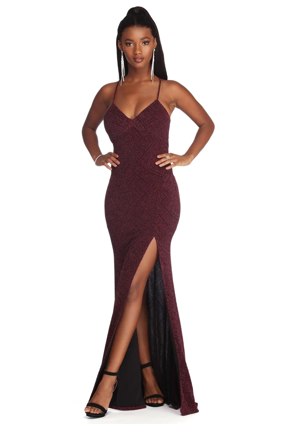 Long - Sleeve Women Dress in Velvet for a Luxurious Winter LookRyleigh Formal High Slit Lurex Dress