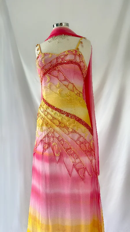 Printed Abstract Women Dress for a Modern and Artistic AppealSUNSET SORBET OMBRÉ EMBELLISHED SILK GOWN & SCARF SET