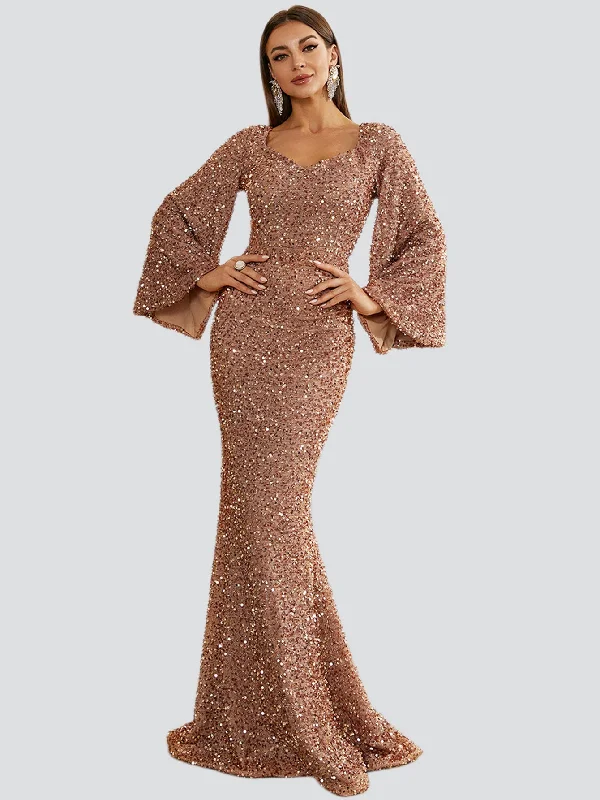 Off - the - Shoulder Women Dress for a Romantic and Feminine LookSequin Bell Sleeve Mermaid Dress M02010