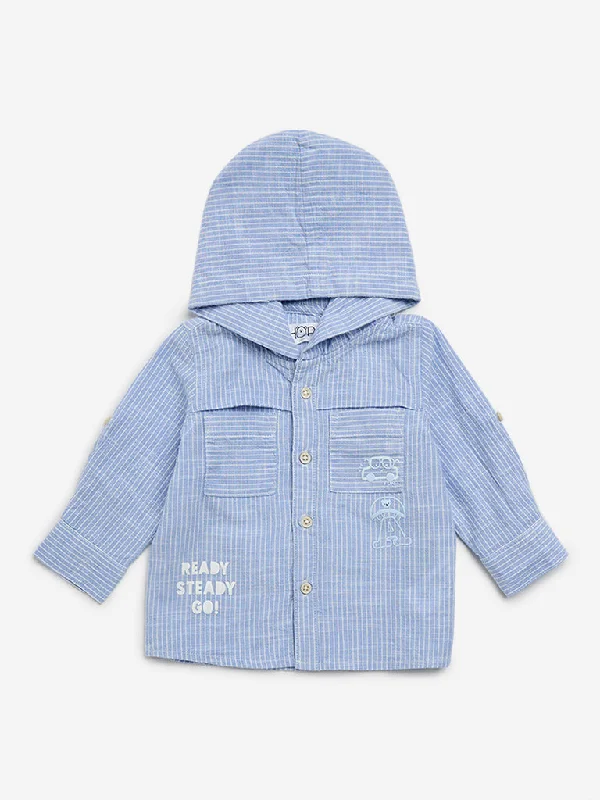 Striped Women T Shirt in a Classic PatternHOP Baby Blue Stripe Printed Hooded Cotton Shirt