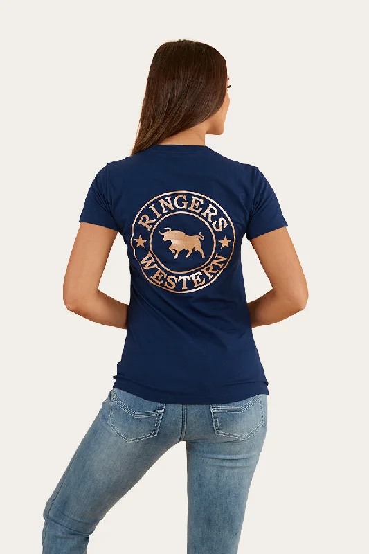 Embroidered Women T Shirt with Intricate DetailsSignature Bull Womens Classic Fit T-Shirt - Navy/Rose Gold