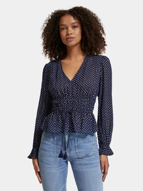 Crew Neck Women T Shirt with a Timeless DesignV-neck polka dot blouse